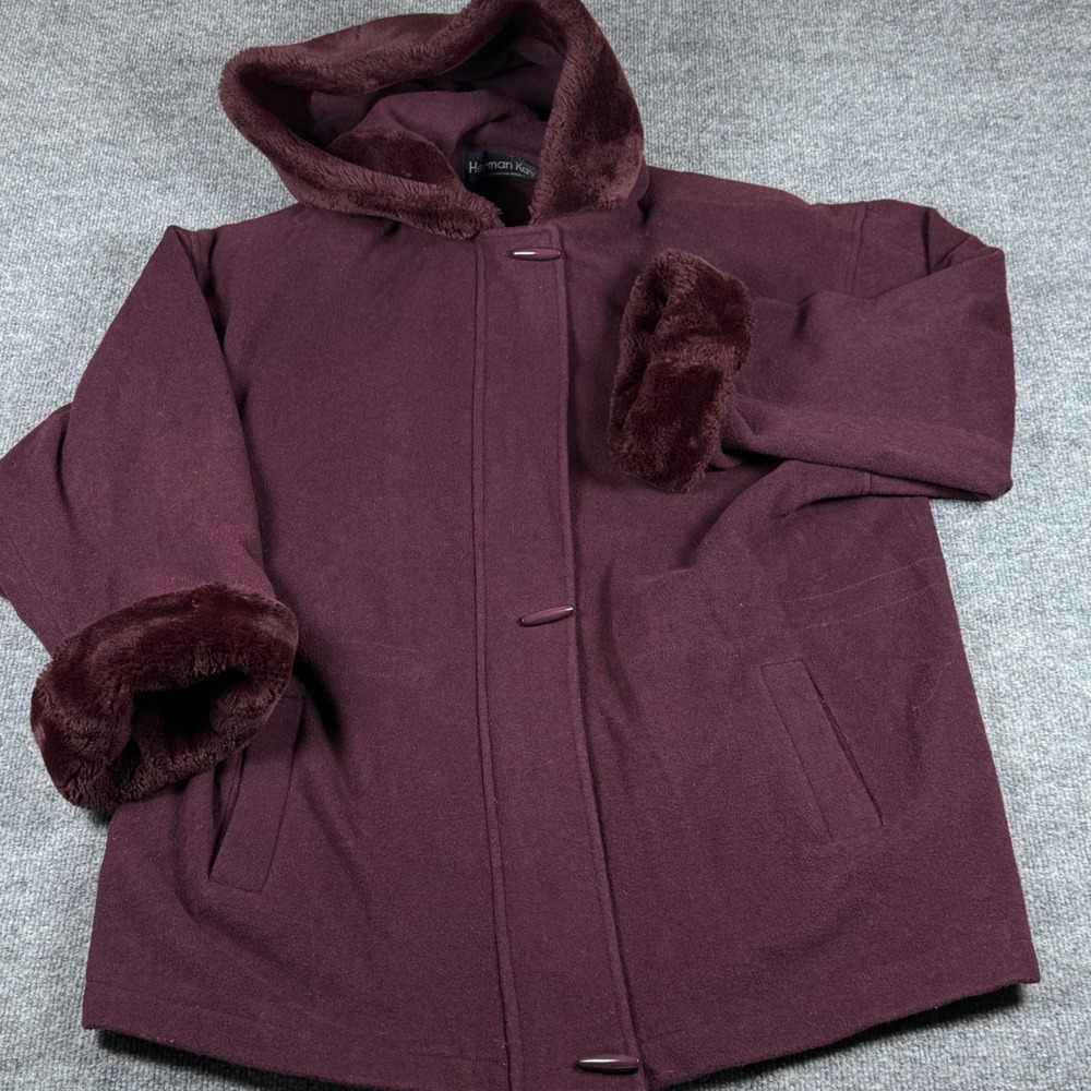 Vintage Y2K 80s 90s Herman Kay Wool Blend Hooded Coat Size 14 Faux Fur Outerwear